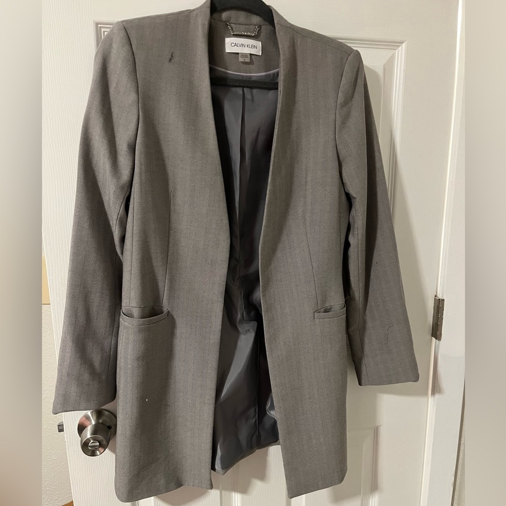 Calvin Klein grey herringbone long blazer jacket